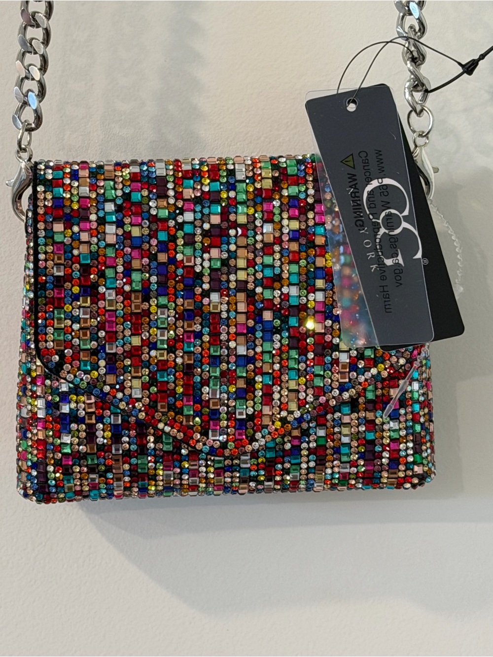 Multicolor Crystal-Embellished Clutch with Silver Chain